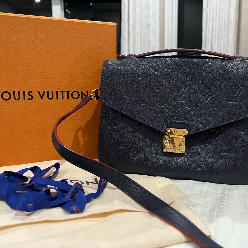 Louis Vuitton Black Embossed Monogram Pochette Metis with Gold Hardware